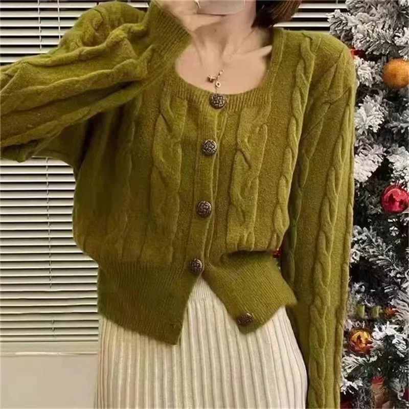 Women Square Collar Full Sleeve Cardigan Splice Solid Knitted Sweaters Tight Waist Short Tops Autumn 2023 Casual Slim Fit