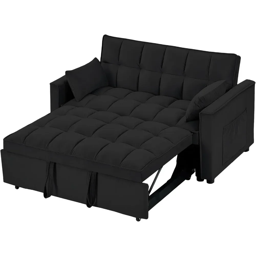 Convertible Sleeper Sofa Bed, Velvet Tufted Loveseat Couch with Pull Out Bed with 2 Pillows, Living Room Sofa