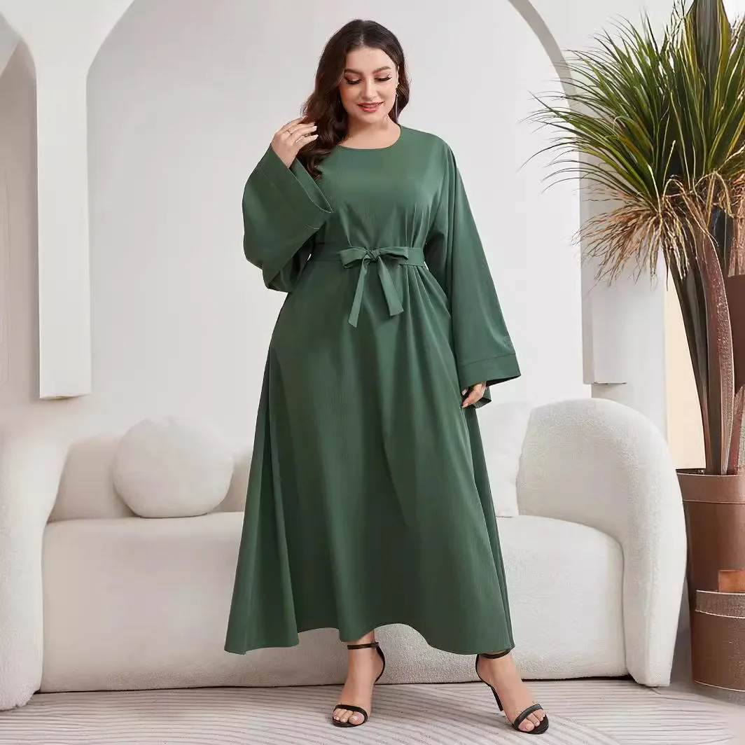 Abaya Ramadan Solid Crew Neck Belted Modest Dress, Elegant Long Sleeve Maxi Length Simple Dress, Women's Clothing FD36438779