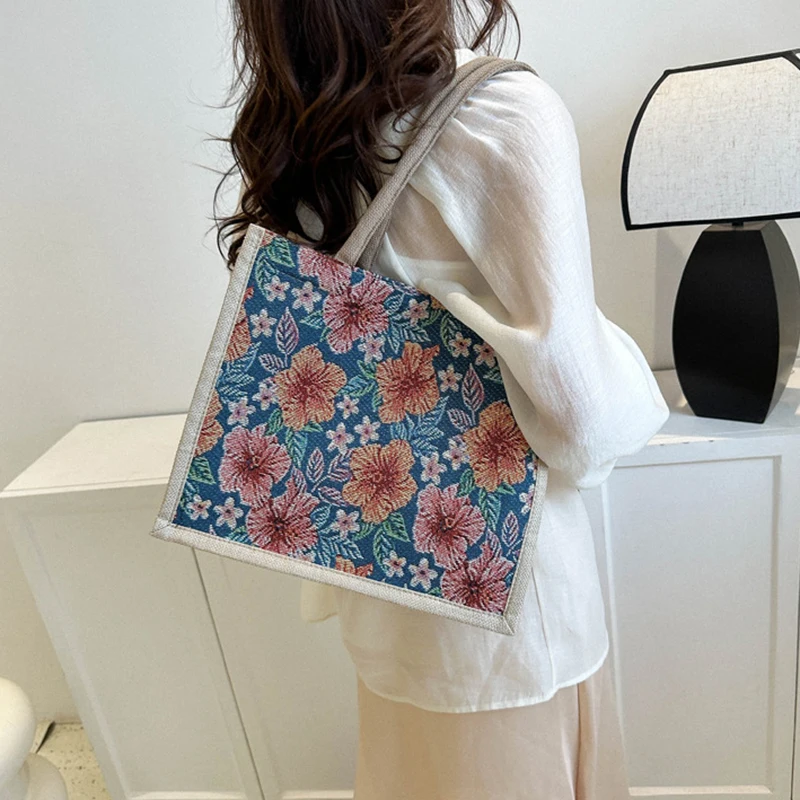 Women Tote Bag Aesthetic Color Students Casual Handbag Shoulder Bag Large Capacity Cotton And Linen Reusable Shopping Beach Bags