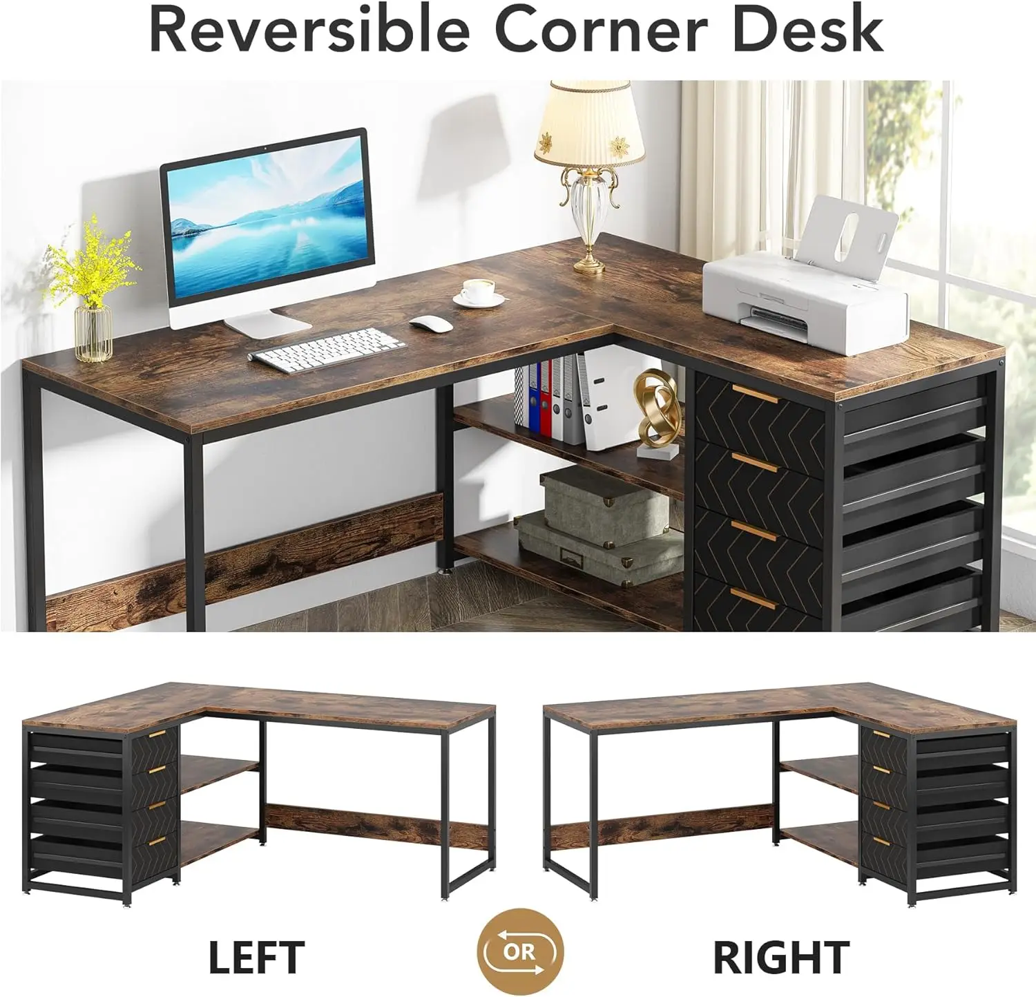 L Shaped Computer Desk with Storage Drawers, 59 inch Corner Desk with Shelves, Reversible L-Shaped Office Desk Study Writing