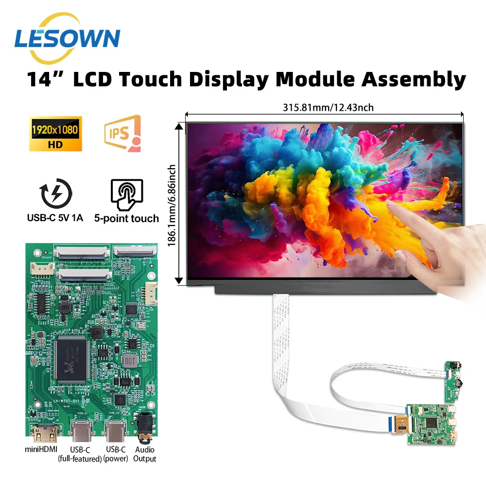 LESOWN 14 Inch Full HD Display Module IPS 1920x1080 800:1 LCD HDMI Monitor Board for Raspberry Pi 4B/5B Android TV Box Mini PC