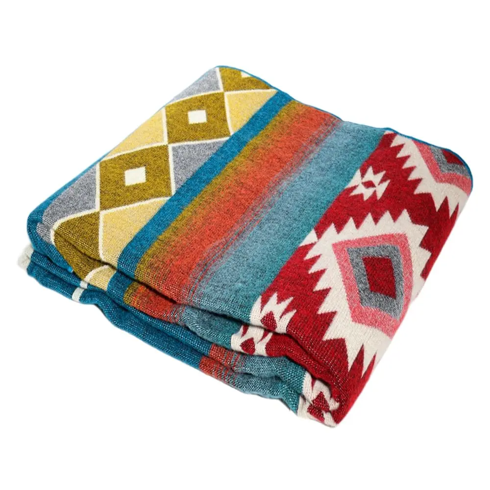 

Native Pattern, Alpaca Wool Blanket Queen Size, Cozy Blanket Handmade In South America (Turquoise)