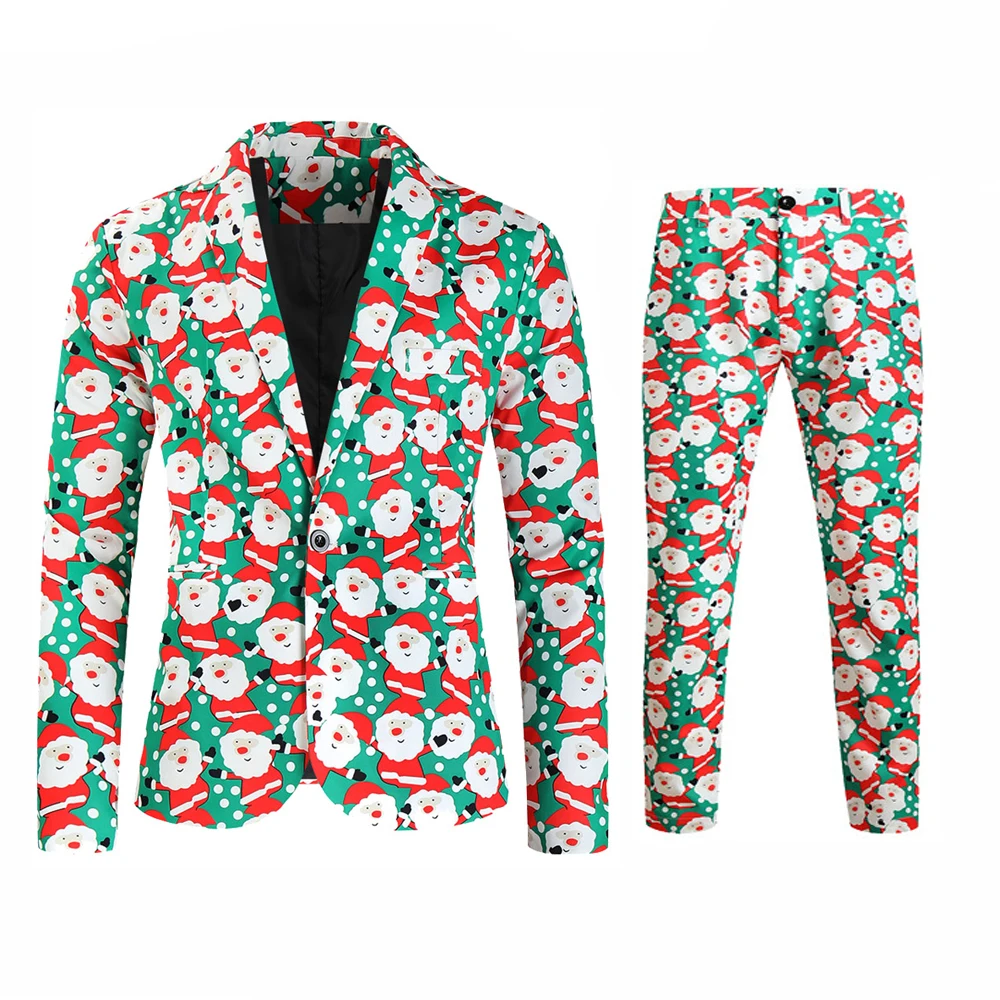 Boneco de neve masculino impresso terno de Natal, um botão jaquetas, calças, casual, negócio, blazer masculino, feio, engraçado, Natal, 2 peças conjuntos