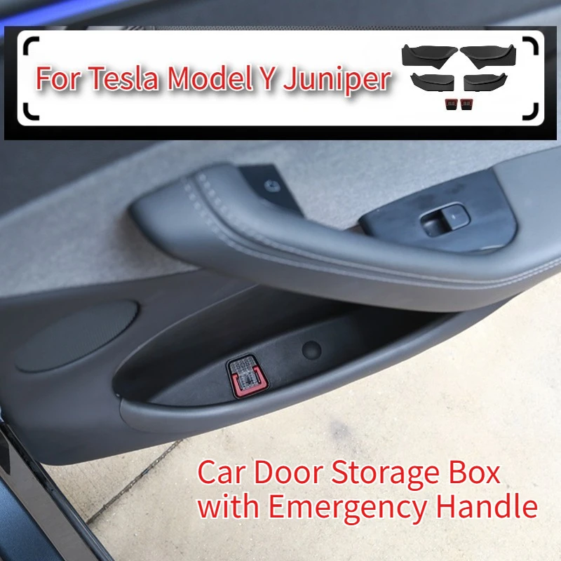 

Car Door Storage Box with Emergency Handle for Tesla Model Launch Y Juniper 2025 TPE All-Inclusive Organizer Tray Accessories