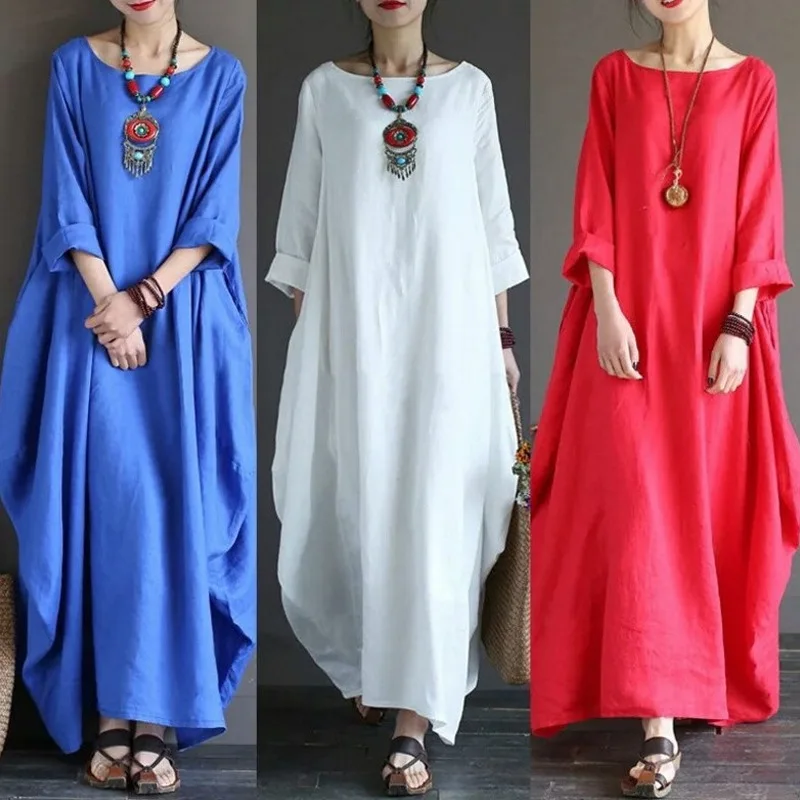 dress irregular autumn 2022 Spring New Loose Size Round Neck Mid-Sleeve Large Swing Cotton And Linen Long Dress