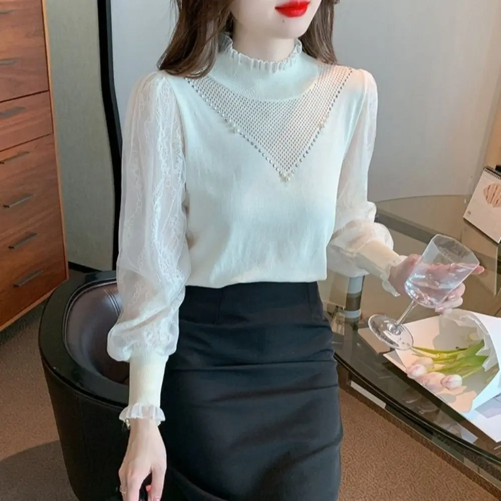 

Модный кружевной ажурный топ с длинным рукавом, полувысоким воротом, элегантный свитер-рубашка для женщин