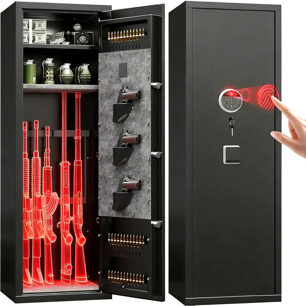

Биометрический сейф для 10-12 огнестрельных оружей с регулируемыми полками, сверхпрочный черный шкаф - высота 57 дюймов, электронный замок