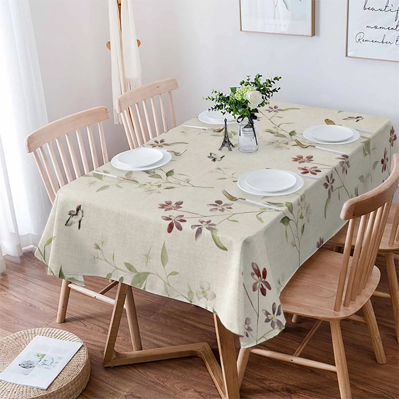 Flower Leaves Bird Flowers Flower Buds Watercolor Tablecloth Waterproof Dining Table Rectangular Round Tablecloth Kitchen Decor