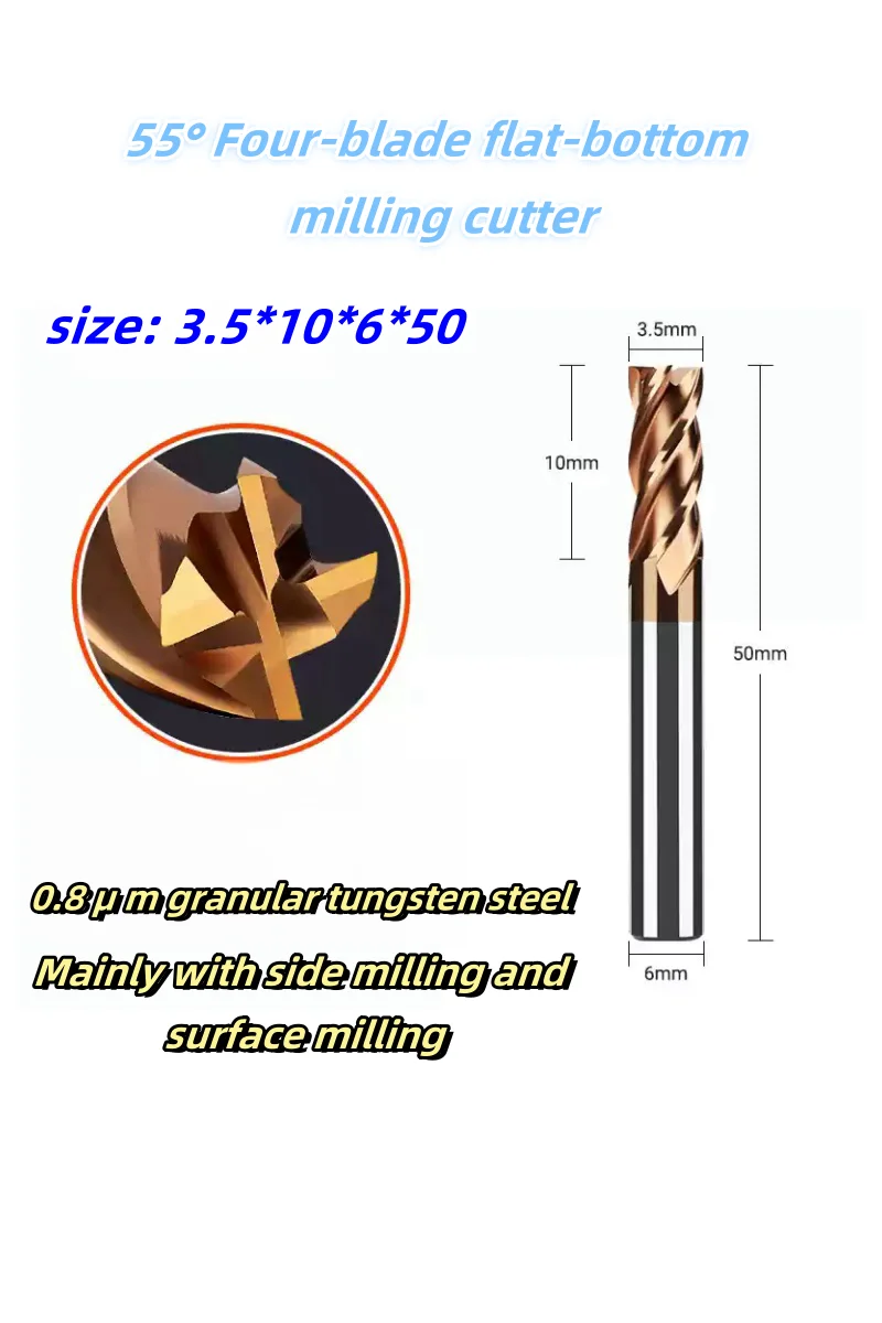 55° four-flute flat bottom milling cutter tungsten steel alloy end mill extended milling cutter