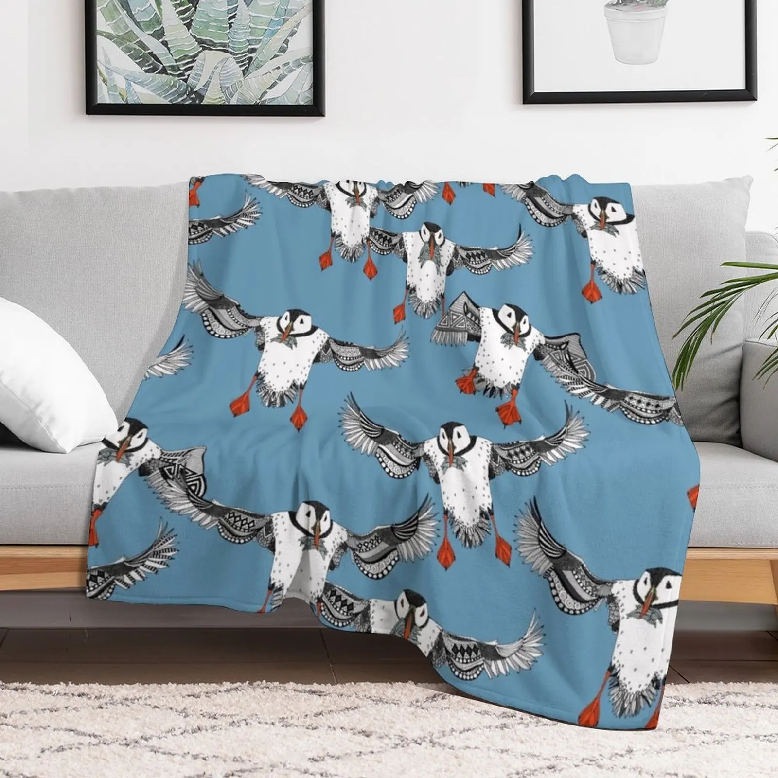 Atlantic Puffins blue Throw Blanket warm for winter Bed linens Sofa Blankets