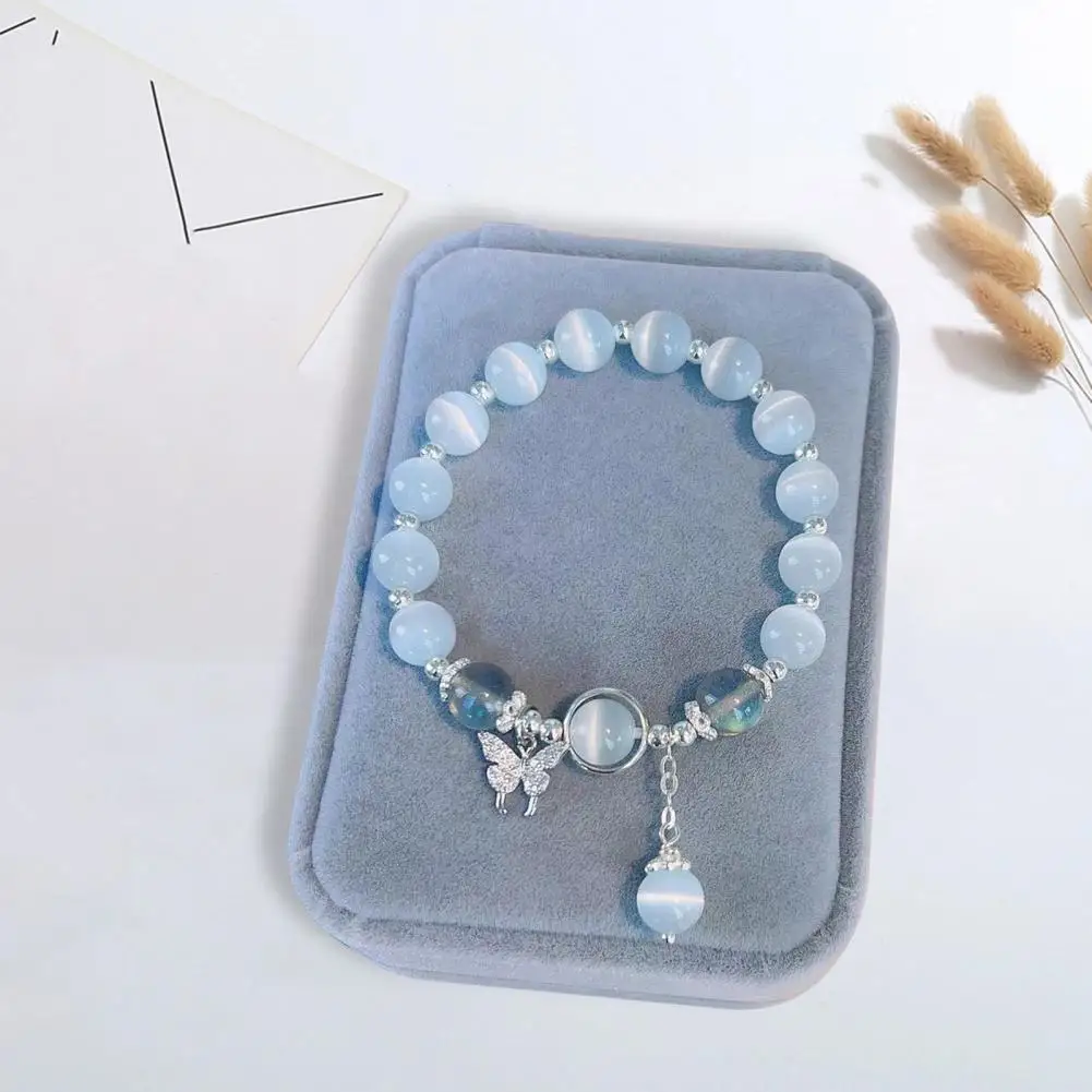 Charm Bracelet Exquisite Workmanship Jewelry Women’s Imitation Opal Bracelet with Butterfly Pendant Smooth Elastic for Ladies