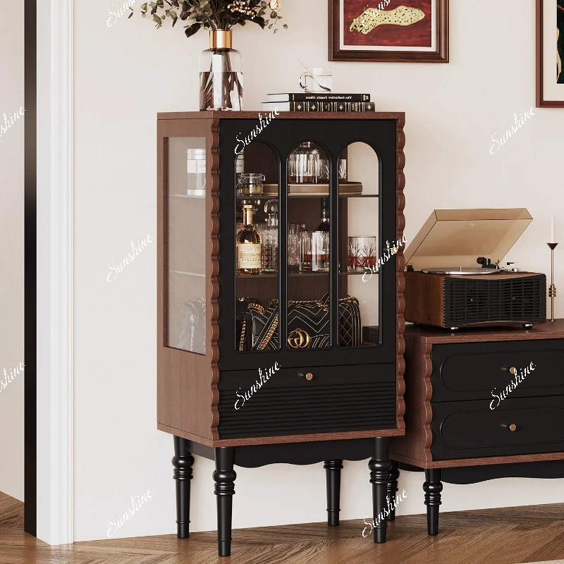 

French retro glass wine cabinet against the wall, integrated storage, dining side, display, household, TV