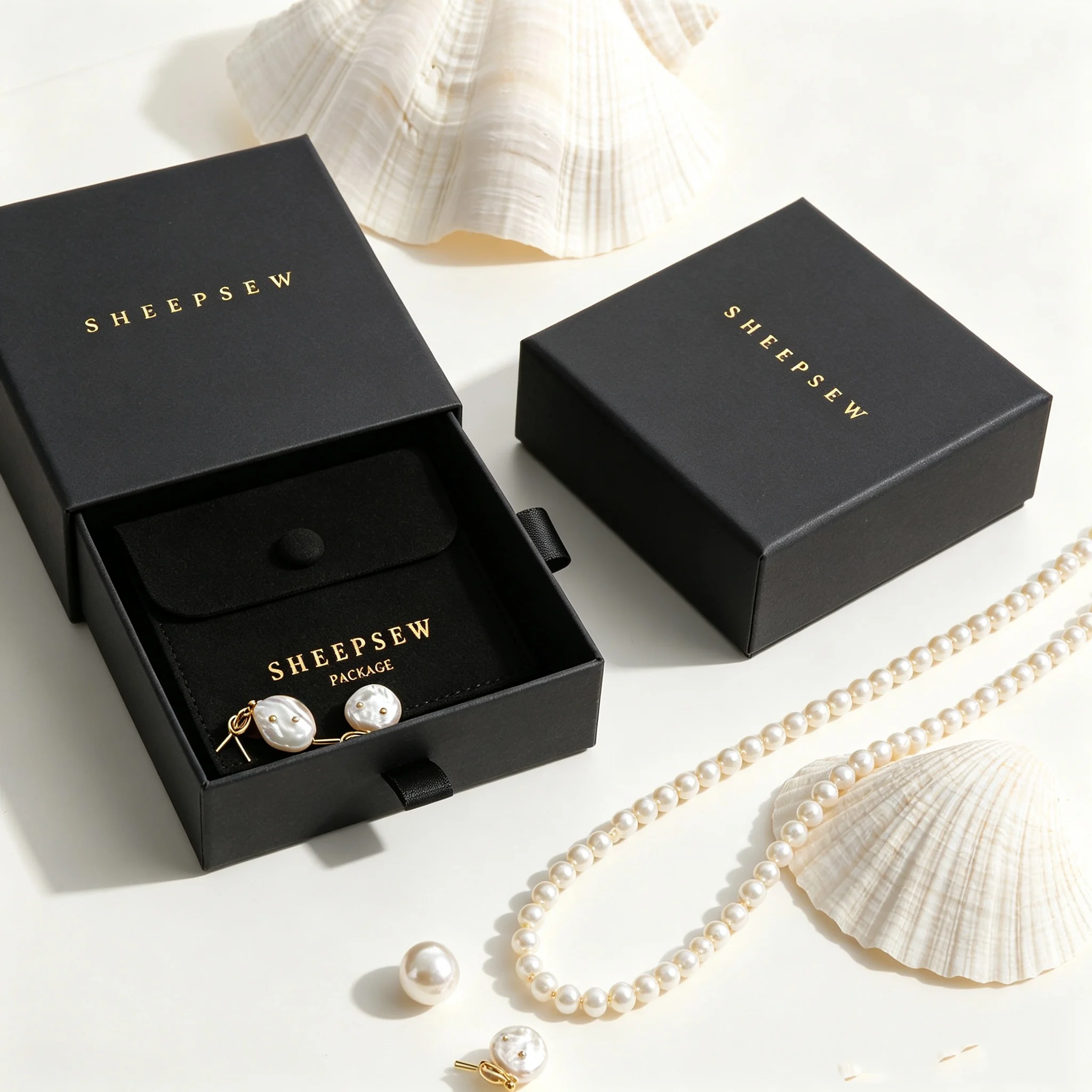 SHEEPSEW Sliding Drawer Luxury Paper Jewelry Gift Box Kit With Snap Button Microfiber Pouch Custom Personalized Logo Dustproof P