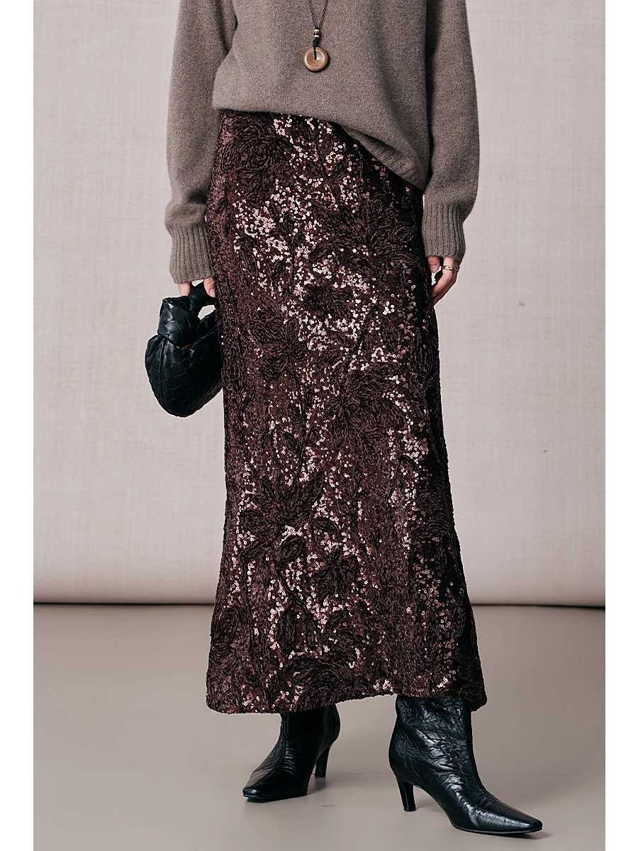 

iny Sequin Velvet Embroidered Heavy Work Midi Skirt Women's Autumn Winter High Waist Bodycon Skirt Casual Sle Ci Commute
