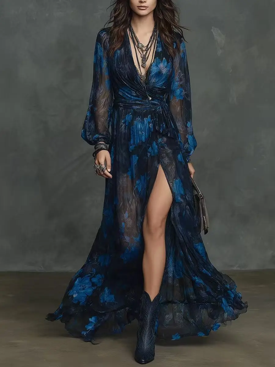 

Women's Bohemian Floral Print Sheer Chiffon Maxi Dress V-Neck Long Puff Sleeve Wrap Tie Waist High Slit Evening Party Fall Chic