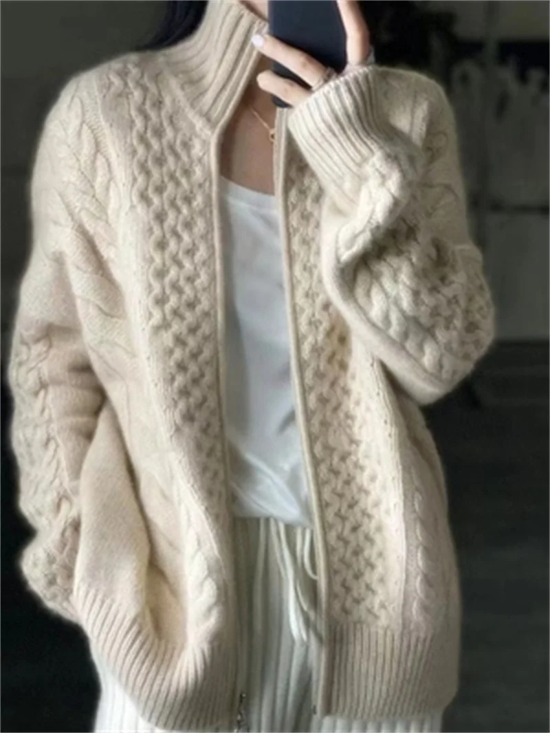 Cardigan en Cachemire Épais à Col Haut pour Femme, Pull Torsadé avec Fermeture Éclair, Manteau Paresseux, Nouvelle Collection Automne Hiver 2022, 2022