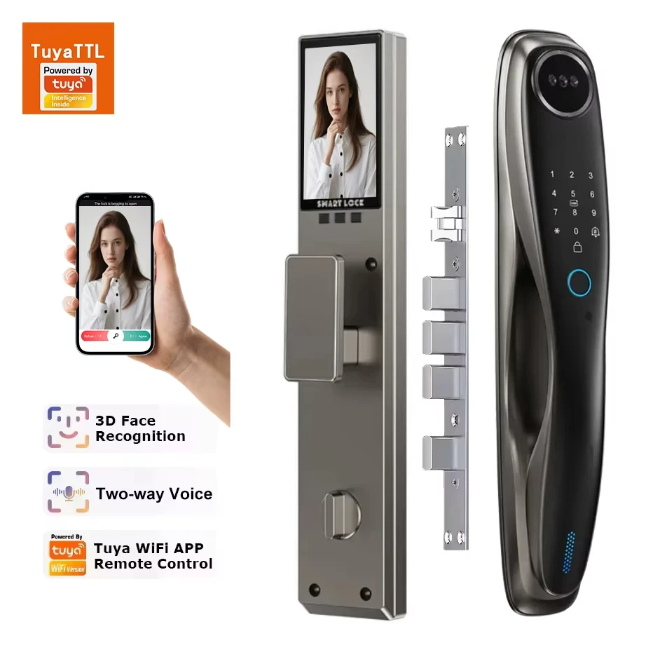 

2025 Hot Selling Product - Smart Door Lock, supports WiFi fingerprint and facial recognition, secure password unlocking.