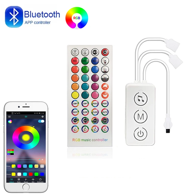 

Контроллер Bluetooth RGB, 4 контакта, 12 В, меняющий цвет, контроллер светодиодных фонарей RGB, умный пульт дистанционного управления, 40 клавиш, светодиодный контроллер RGB, синхронизация музыки