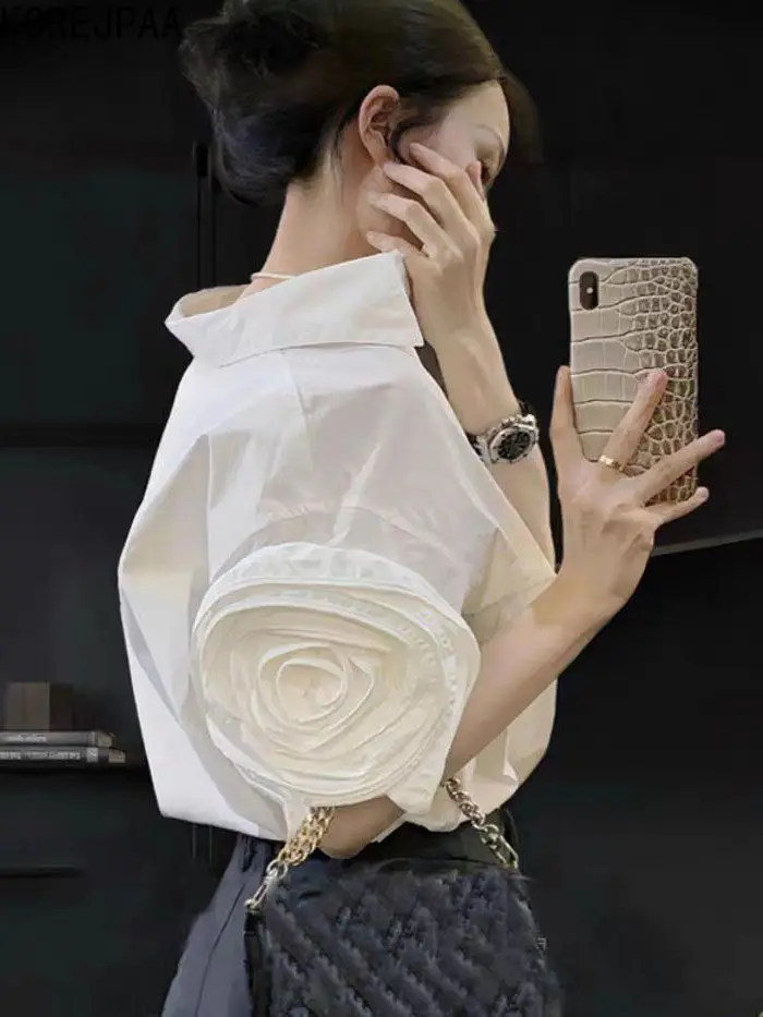 Korejpaa White Shirt 2025 Summer French Style Turn-down Collar Simple Shirts Female Elegant 3D Flower Short Sleeve Women Tops