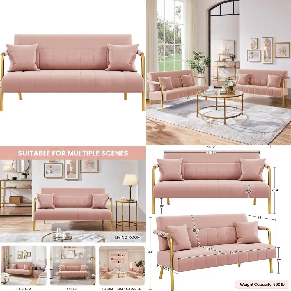 Luxurious Velvet Fabric Modern Sofa with Gold Metal Arms and Legs for Small Living Room Space