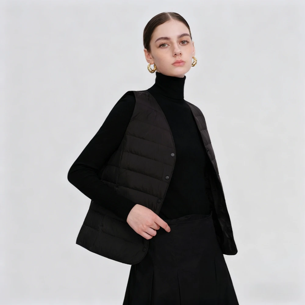Women Down Vests Jacket Puffer Waistcoat Winter Parkas Coat Single Breasted V Neck Windproof Ultralight Overcoat Outerwear