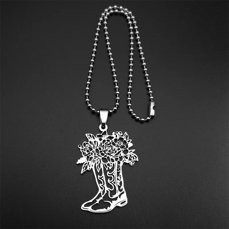 

Romantic West Cowboy Boot Flower Car Pendant For Women Men Stainless Steel Gold Color Shoes Car Bag Pendant Hollow Jewelry Gift