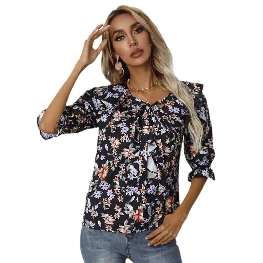 Spring 2024 Women's V-Ne Printed irt Five-Quarter Sve Cotton Elastic Fabric Straight Cut European Sle Faion irt