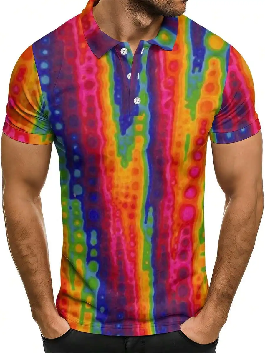 

Mens Rainbow Gradient Stripe Print Shirt Casual Short Sleeve Summer