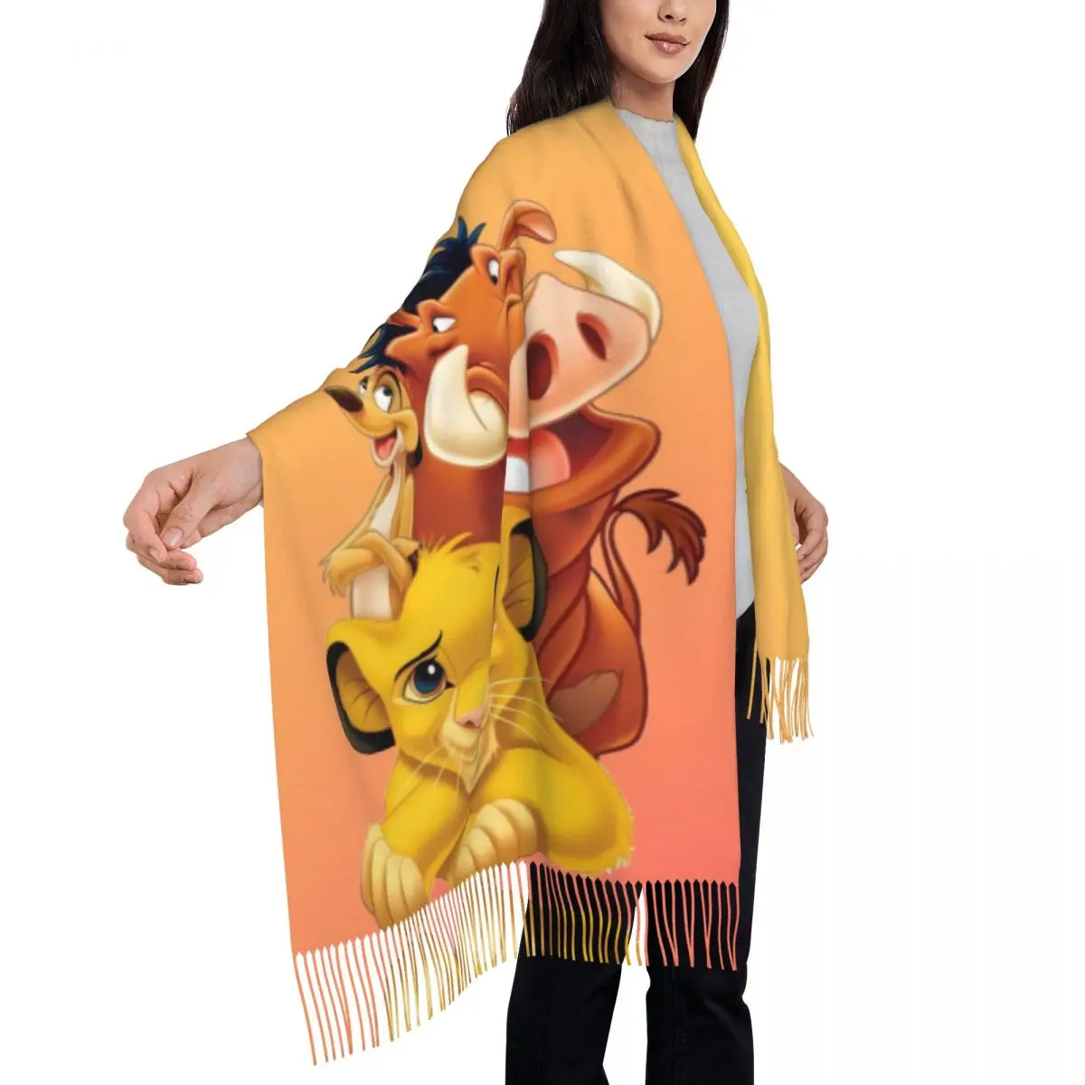 Niestandardowe kobiece długie szaliki King Lion Simba Kobiety Zimowe grube ciepłe szaliki z frędzlami Hakuna Matata Cartoon Movie Scarf