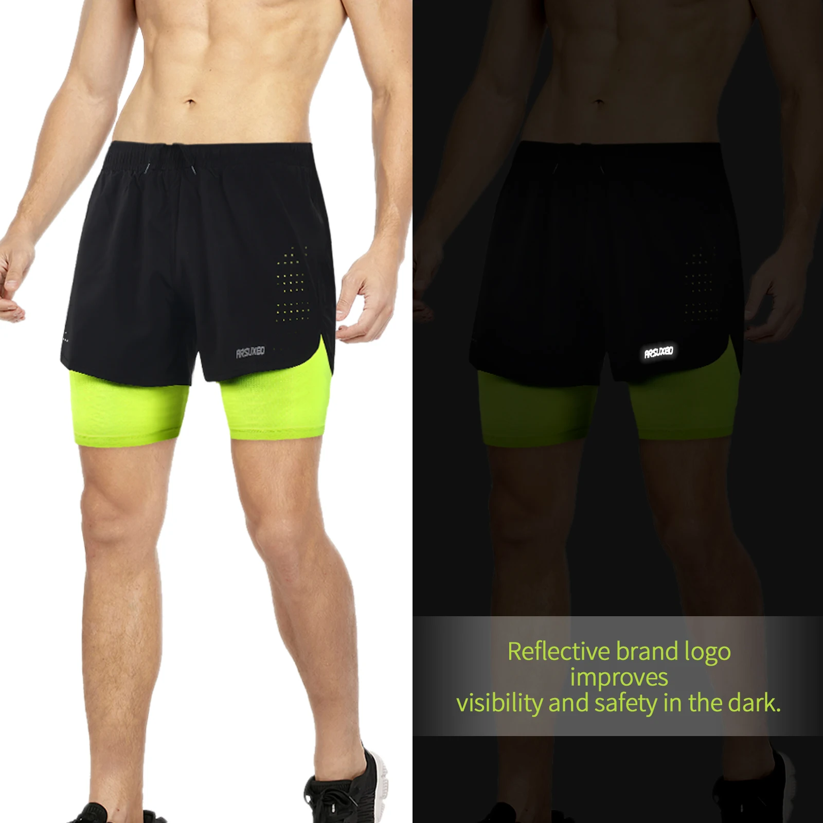 ARSUXEO-pantalones cortos para correr para hombre, para deportes al aire libre, ejercicio, trotar, gimnasio, Fitness, 2 en 1, con forro más largo,