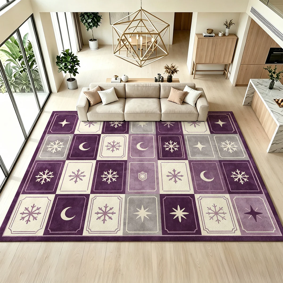 1pc 2D Flat Tarot Card Grid Moon Star Snowflake Checkered Printed Floor Mat, Decorative Rug for Living Room, Bedroom, Home
