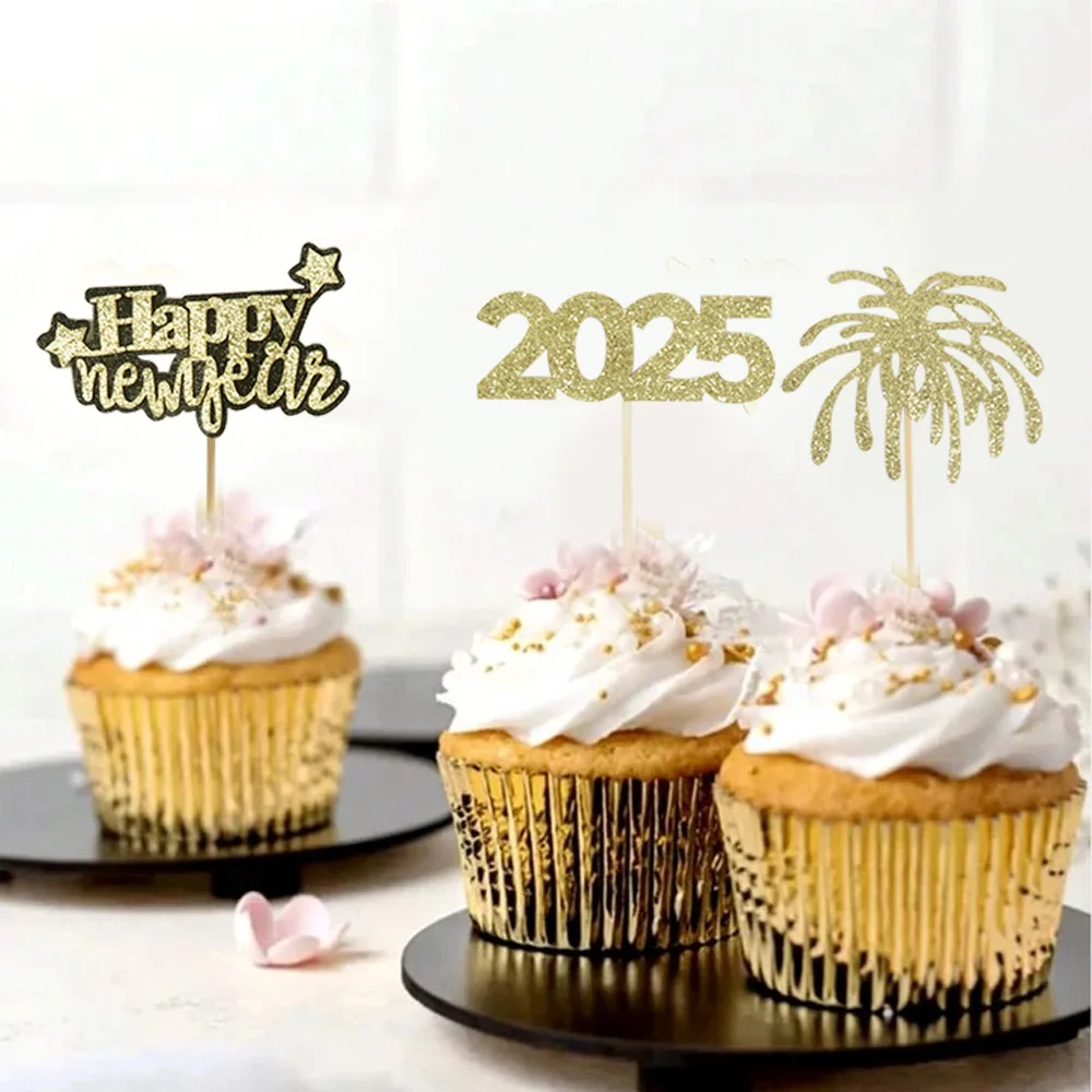 12/24pcs 2025 Happy New Year Cake Topper Glitter Gold New Year Cake Decoration New Year\'s Eve New Year Family Party Cake Decor