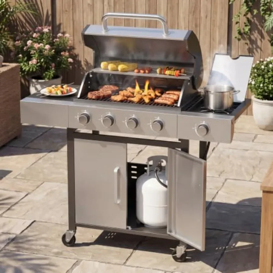 49000 BTU 4-Burner Propane Grill with Side Burner for outdoor cooking, stainless steel construction, black finish, high heat ou