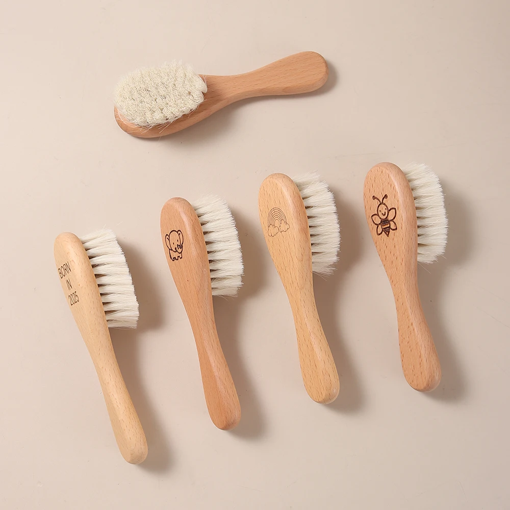Cute Animal Natural Wool Beech Wooden Comb Kids Baby Hair Brush Born in 2025 Laser Engrave