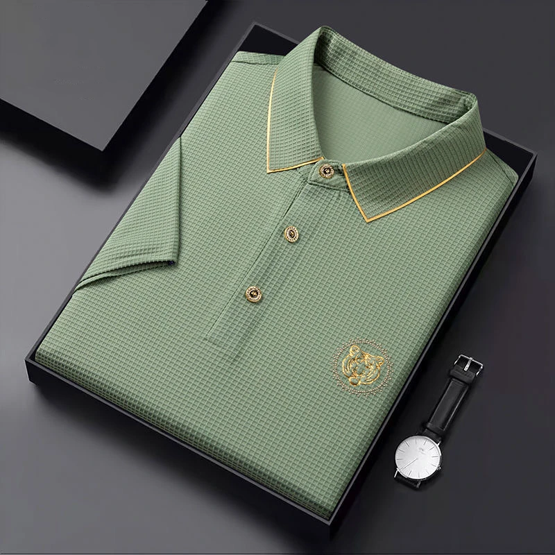 

Light Luxury Tiger Head Embroidered Men's Polo Shirt Short Sleeve 2023 Summer High end Mesh Ice Silk Casual Polo Neck T-shirt