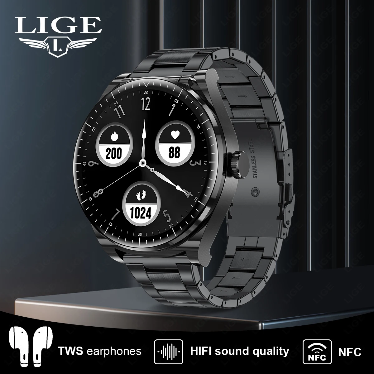 LIGE Fashion Men Smart Watch Bluetooth Earphones 2-in-1 TWS Earbuds Voice Call Noise Cancellation Heart Rate Monitor Smartwatch