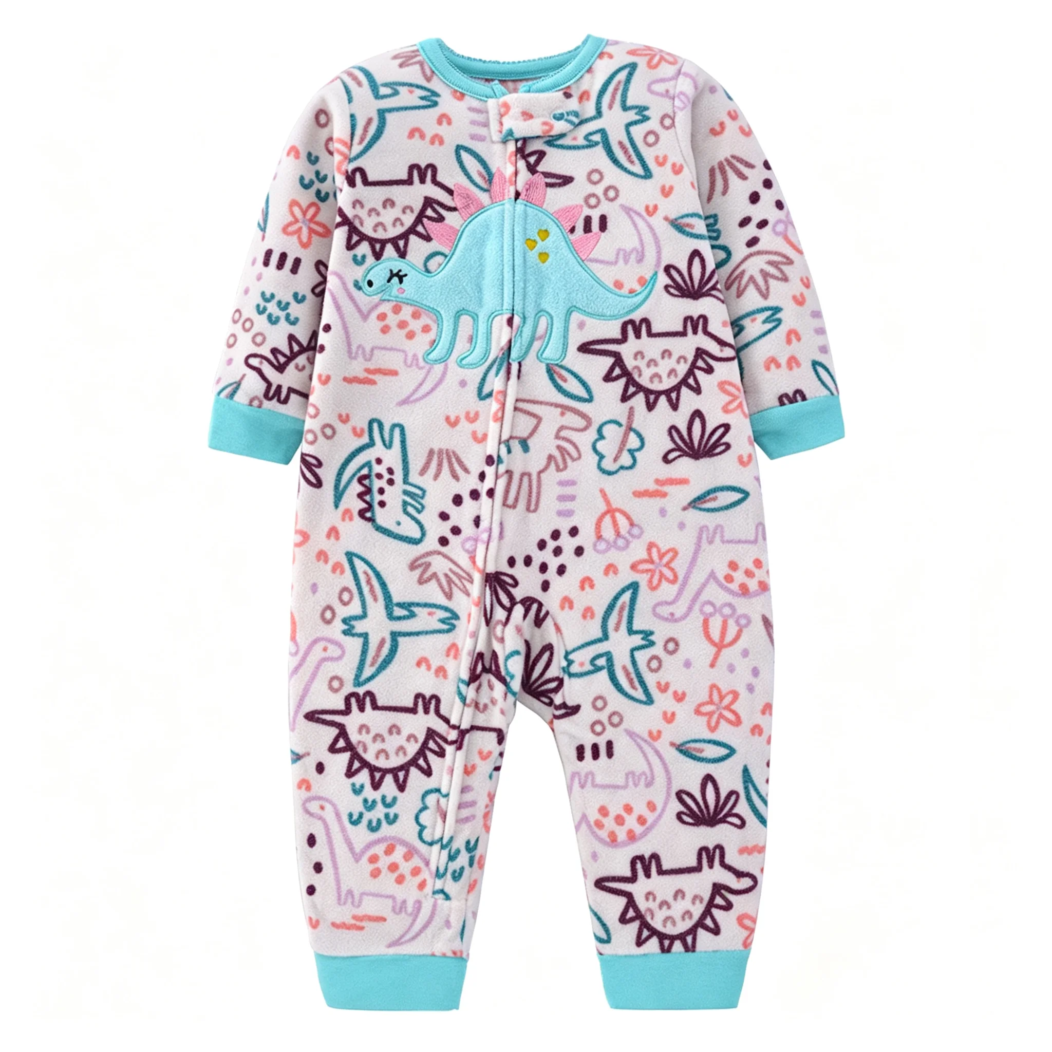 Unisex Baby Polar Fleece Romper Long Sleeve Zipper Cartoon Dinosaur Print Footless Jumpsuit Spring Autumn Infant Outfit 6-24M
