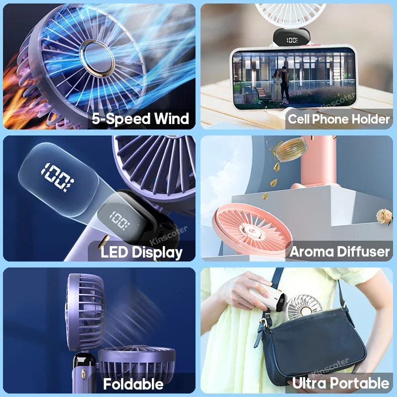 USB Handheld Mini Fan Foldable Portable Neck Hanging Fans 5 Speed USB Rechargeable Fan with Phone Stand and Display Screen image 4
