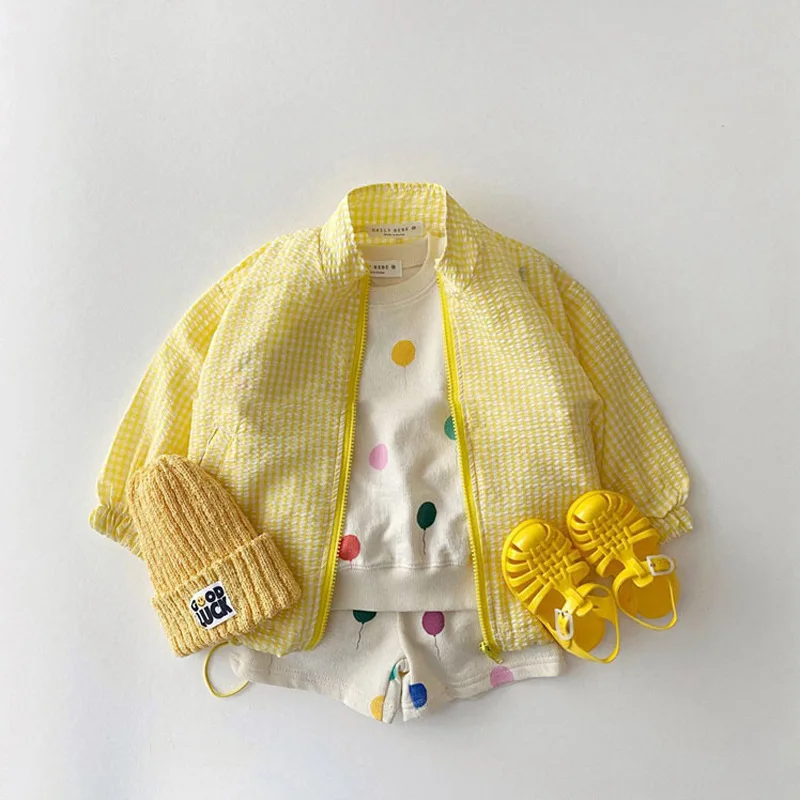 Summer Baby Checkered Sun Protection Suit 0-5-Y Korean Children's Coatcardigan Jacket Minimalist Korean Casual Top Thin Summ