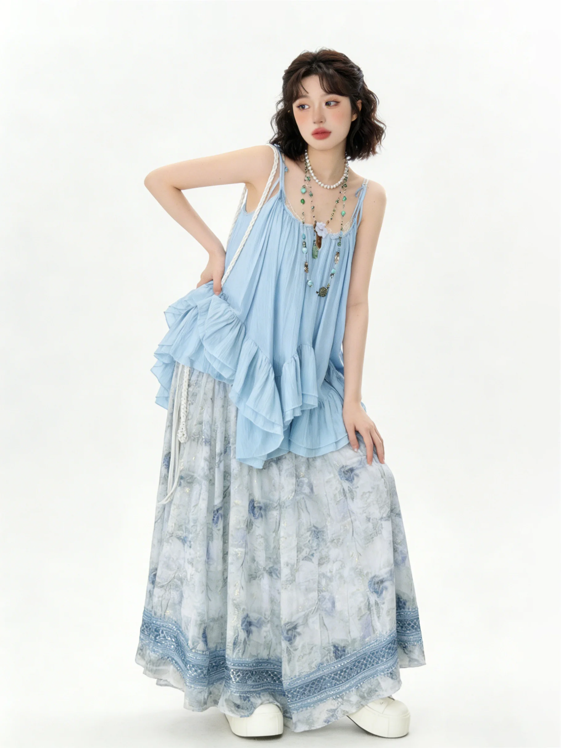 Stunning Summer Beach Vacation Style Blue Lace Trim Halter Dress Set Women's High Waist Skirt Two-Piece Suit Breathable Light... view 2
