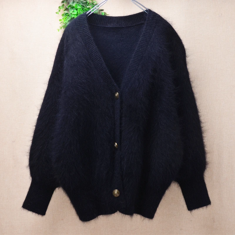 

Women Mujer Autumn Winter Thick Warm Black Hairy Mink Cashmere Knitted V-Neck Long Lantern Sleeves Loose Caridgans Sweater Coat