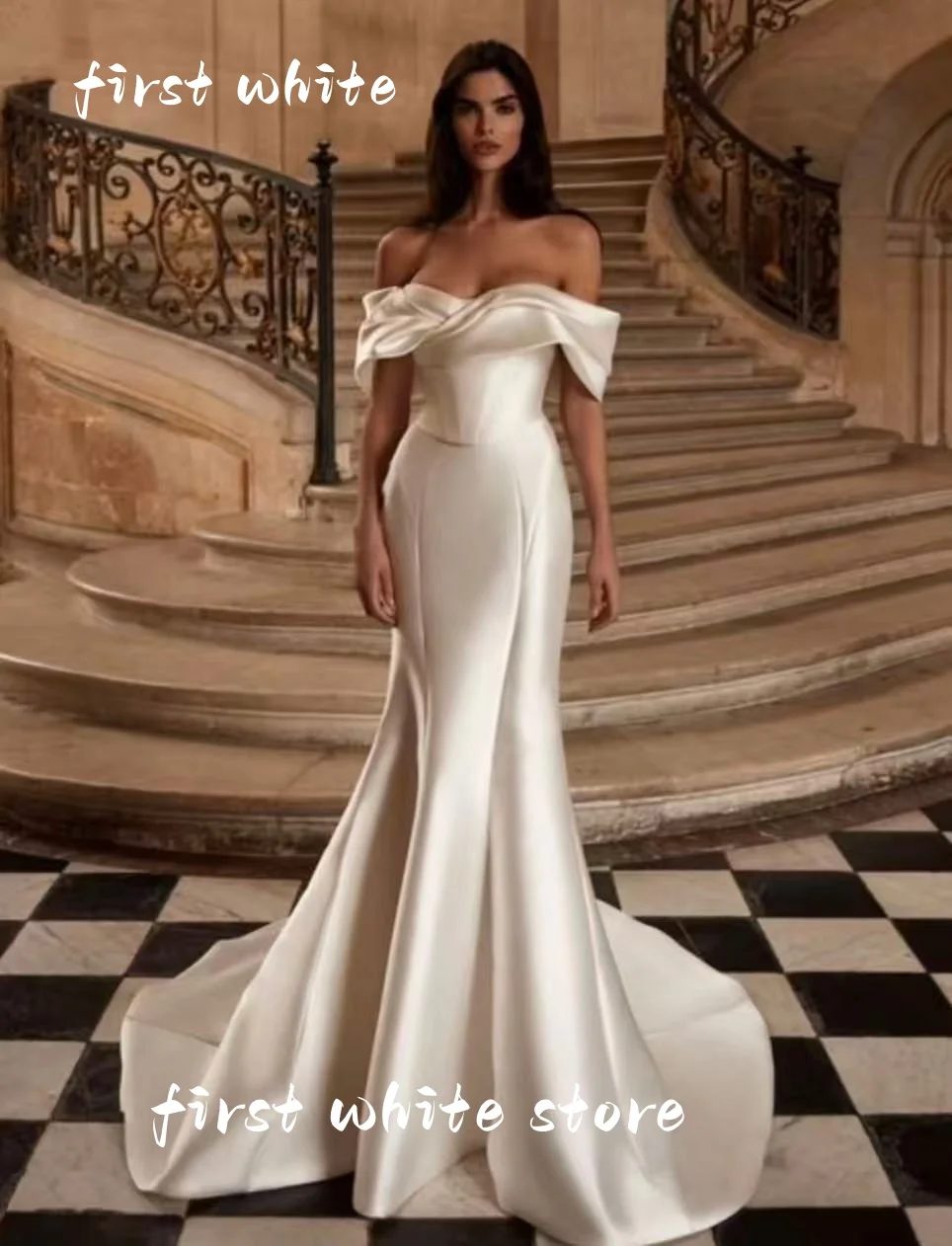 Customized Pleated Detachable Train Sweetheat Wedding Dress For Women Off Shoulder Mermaid Satin Bridal Party Vestidos Novia
