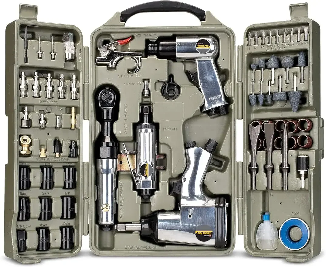 

Trades Pro Air Tool and Accessories Kit, 71 Piece, Impact Wrench, Ratchet, Die Grinder, e Hammer,