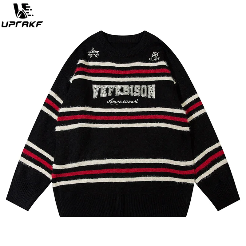 UPRAKF Striped Letter Sweater Long Sleeves Round Neck Fashion Pullovers Oversize Basic Autumn Warm Streetwear