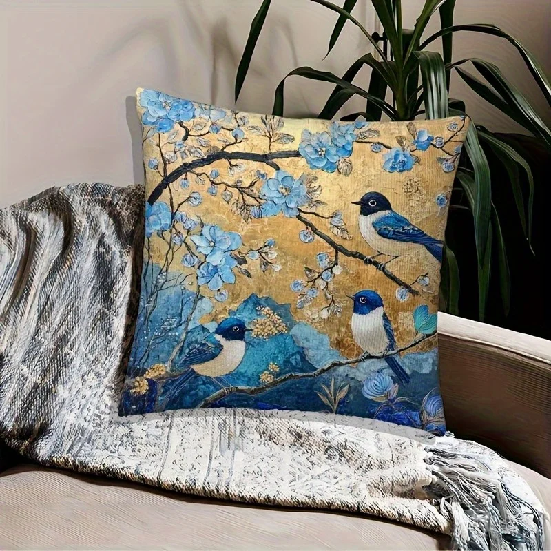 1pc Double-sided Print 1pc Vintage Blue And Golden Chinese Soft Blanket Pillowcase 18x18 Inches Abstract Art Bird And Flower Des