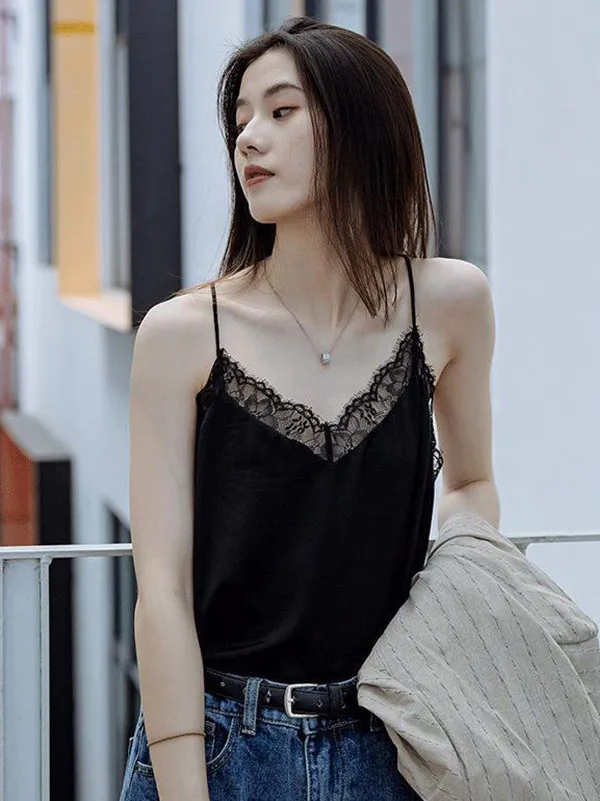 

plus Size Silk Lace Backless Strap Vest Loose Fit Base Layer Tank Top Women Summer Casual Style Polyester Fiber V-Neck Short ...