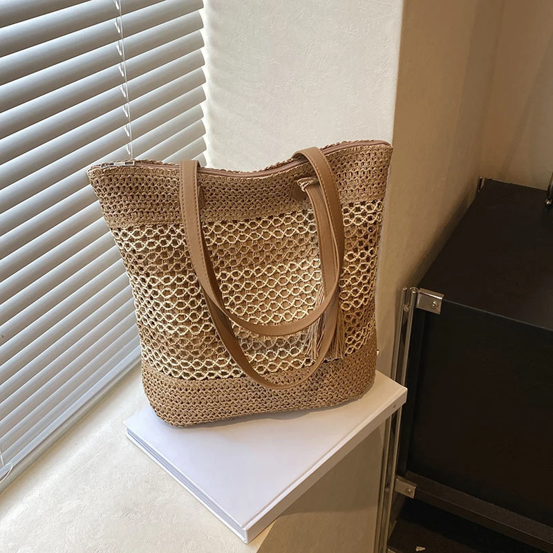 Sommer Stroh Taschen für Frauen Hohe Qualität Rattan Schulter Tasche Reise Handarbeit Gewebt Strand Handtaschen Weibliche Große Kapazität Totes – Detail 2