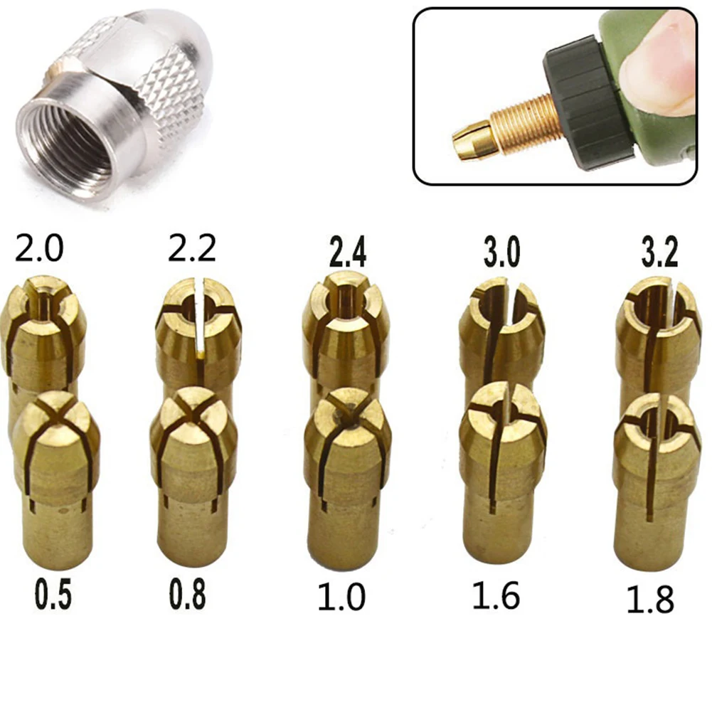 

10 шт. 0,5-3,2 мм латунный набор цанговых патронов 0,5/0,8/1,0/1,2/1,5/1,8/2,0/2,4/3.0/3,2 мм для вращающихся инструментов M8x0,75 мм, аксессуары для гаек