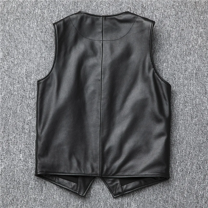 Leather 2023 New Real Vest Jacket Men V-Neck Sleeveless 100% Cowhide Genuine Leather Waistcoat Slim Fit Short Black Spring Male